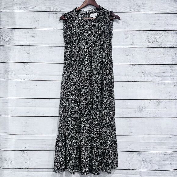 Velvet by Graham & Spencer Black Floral Print Midi Dress Tie Waist Ruffled Small - Picture 1 of 14